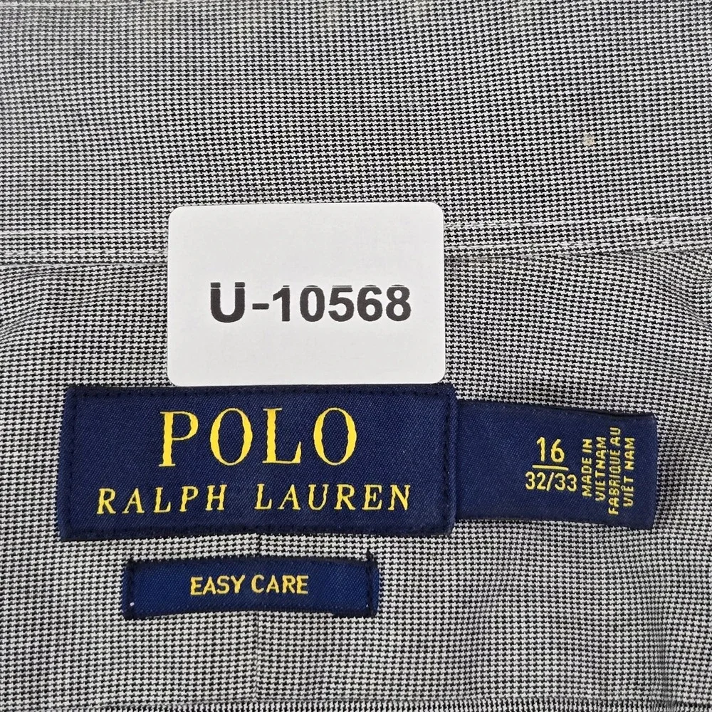 Polo Ralph Lauren Men Button Up Shirt 16 Gray Check Easy Care Long Sleeve